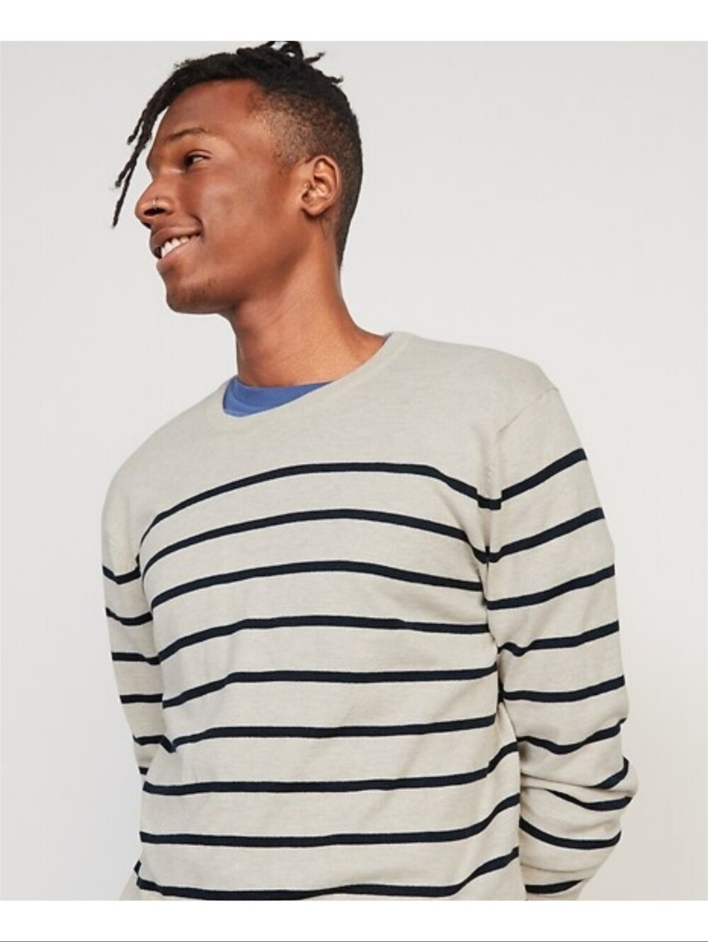 Old Navy Striped Crewneck Sweater Oatmeal & Navy Size L